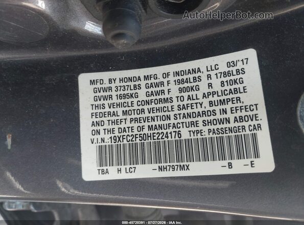 19XFC2F50HE224176 2017 HONDA CIVIC Gray Widok komory silnika