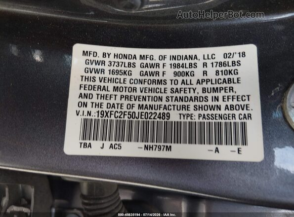 19XFC2F50JE022489 2018 HONDA CIVIC Gray Engine compartment view