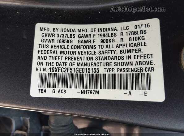19XFC2F51GE015155 2016 HONDA CIVIC Gray Widok komory silnika