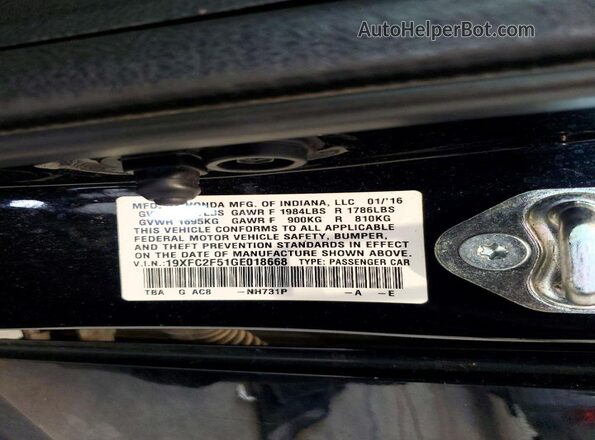 19XFC2F51GE018668 2016 HONDA CIVIC Black Widok komory silnika