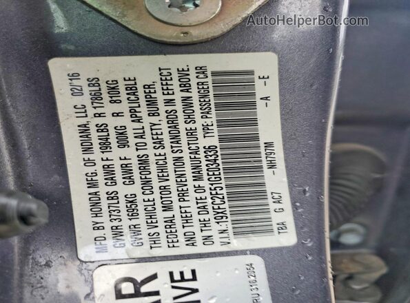 19XFC2F51GE034336 2016 HONDA CIVIC Gray Вид наклейки з VIN-кодом
