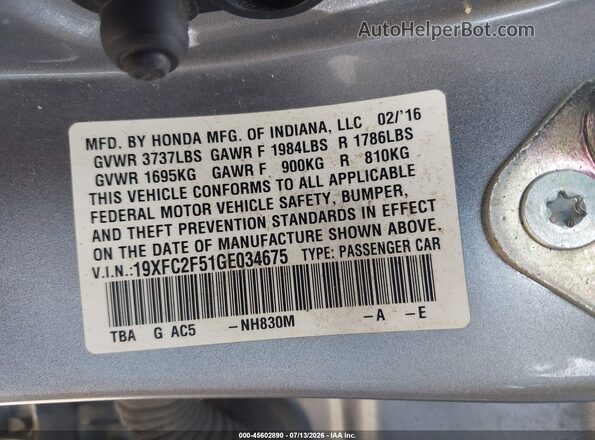 19XFC2F51GE034675 2016 HONDA CIVIC Silver Widok komory silnika
