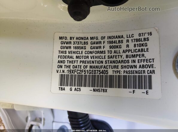 19XFC2F51GE075405 2016 HONDA CIVIC Белый Вид подкапотного пространства