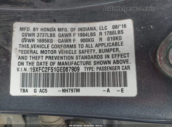 19XFC2F51GE087909 2016 HONDA CIVIC Gray Вид підкапотного простору