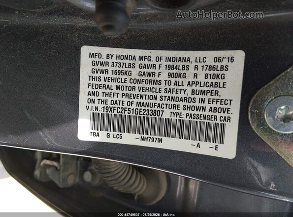 19XFC2F51GE233807 2016 HONDA CIVIC Gray Շարժիչի բաժամունքի տեսք