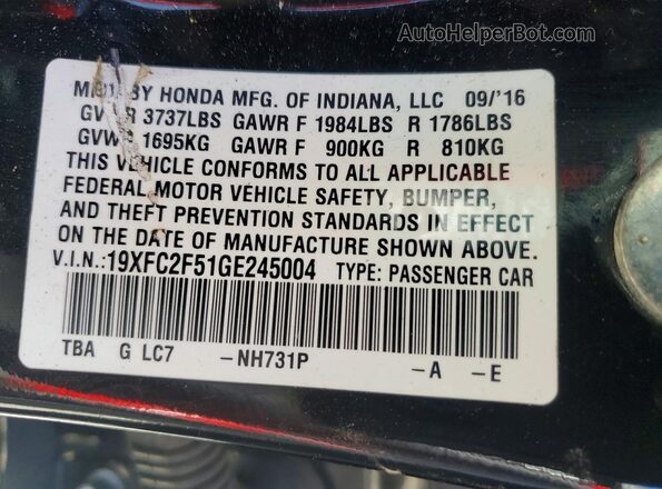 19XFC2F51GE245004 2016 HONDA CIVIC Black Vista del compartimento del motor
