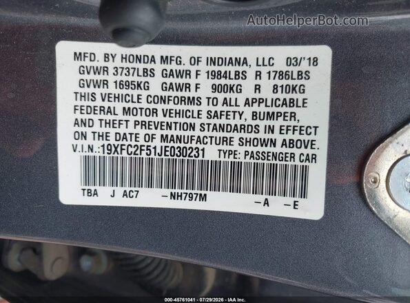 19XFC2F51JE030231 2018 HONDA CIVIC Gray ძრავის განყოფილების ხედი