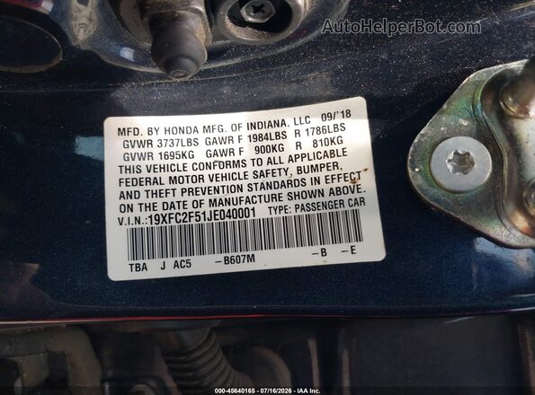 19XFC2F51JE040001 2018 HONDA CIVIC Blue Շարժիչի բաժամունքի տեսք