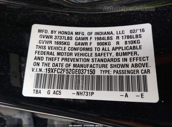 19XFC2F52GE037150 2016 HONDA CIVIC Black Widok komory silnika