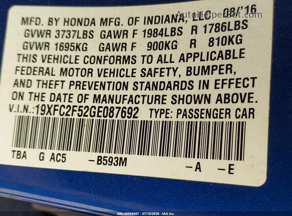 19XFC2F52GE087692 2016 HONDA CIVIC Синий Вид подкапотного пространства