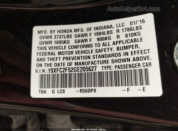 19XFC2F52GE205627 2016 HONDA CIVIC Черный Вид подкапотного пространства