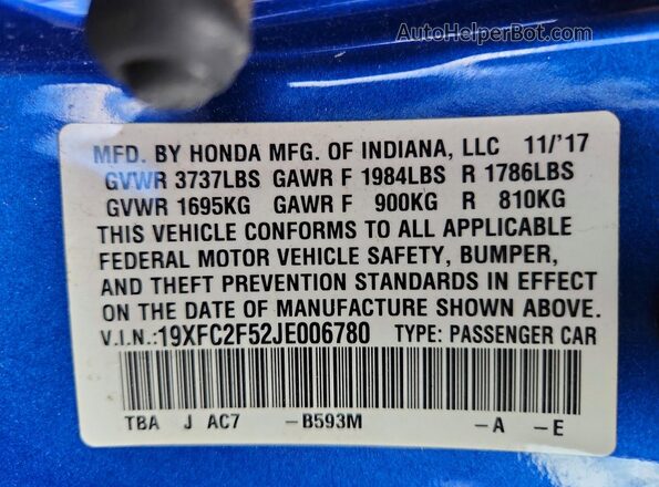 19XFC2F52JE006780 2018 HONDA CIVIC Blue VIN կոդի պիտակի տեսք