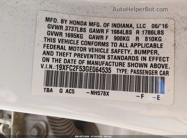 19XFC2F53GE064535 2016 HONDA CIVIC White Вид підкапотного простору