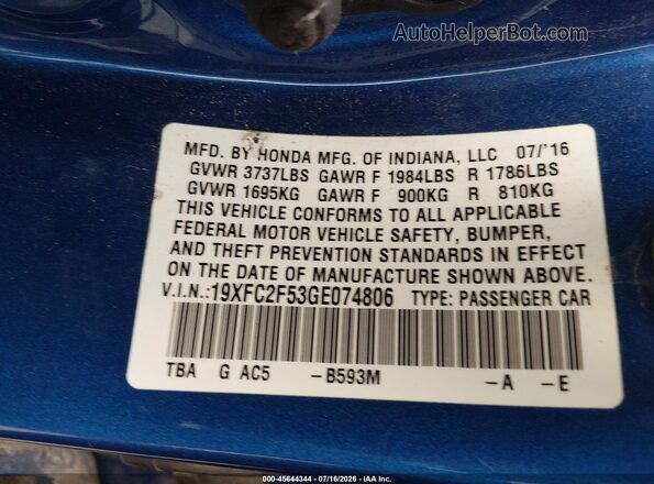 19XFC2F53GE074806 2016 HONDA CIVIC Blue Вид підкапотного простору