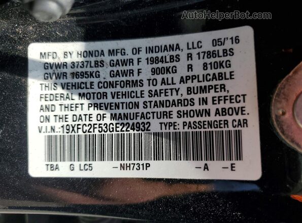 19XFC2F53GE224932 2016 HONDA CIVIC Black Вид підкапотного простору