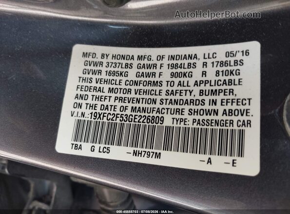 19XFC2F53GE226809 2016 HONDA CIVIC Gray Engine compartment view