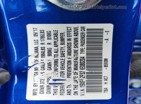 19XFC2F53HE080204 2017 HONDA CIVIC Blue Вид підкапотного простору