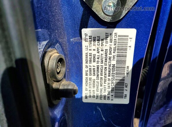 19XFC2F53JE010594 2018 HONDA CIVIC Blue Vista de la etiqueta del VIN