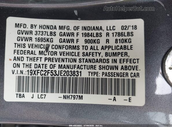 19XFC2F53JE203831 2018 HONDA CIVIC Gray Вид підкапотного простору