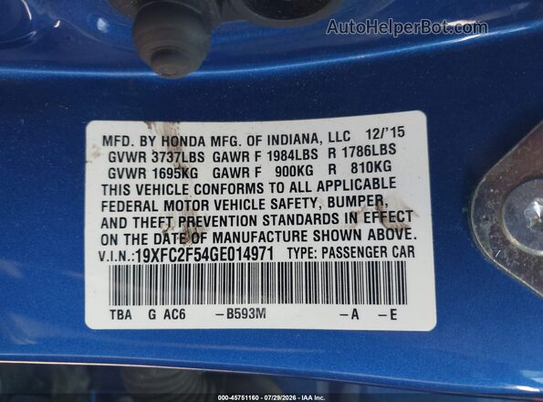 19XFC2F54GE014971 2016 HONDA CIVIC Blue Widok komory silnika