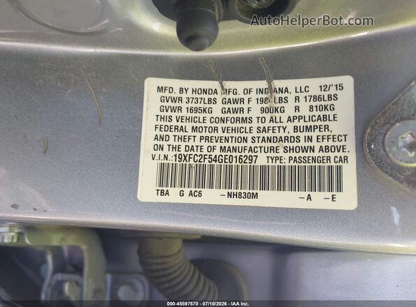 19XFC2F54GE016297 2016 HONDA CIVIC Dark Blue Widok komory silnika