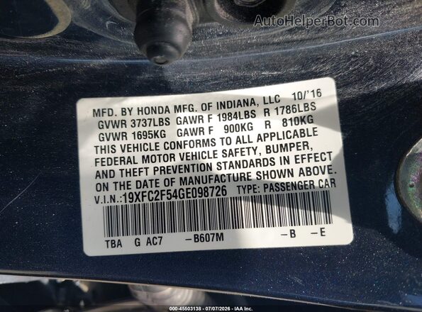19XFC2F54GE098726 2016 HONDA CIVIC Gray Widok komory silnika