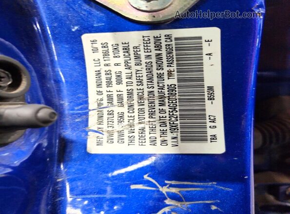 19XFC2F54GE098905 2016 HONDA CIVIC Синий Вид наклейки с VIN-кодом