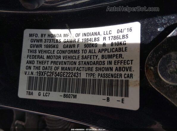 19XFC2F54GE222431 2016 HONDA CIVIC Gray Vista del compartimento del motor