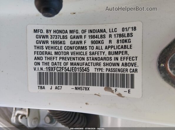 19XFC2F54JE015545 2018 HONDA CIVIC White Widok komory silnika