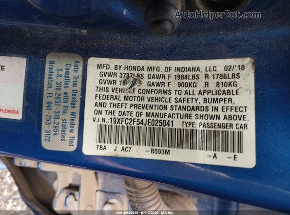 19XFC2F54JE025041 2018 HONDA CIVIC Blue Вид підкапотного простору