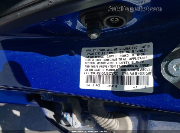 19XFC2F54JE027730 2018 HONDA CIVIC Blue Engine compartment view