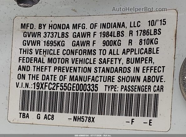 19XFC2F55GE000335 2016 HONDA CIVIC Белый Вид подкапотного пространства