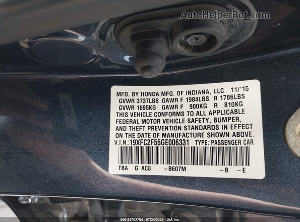 19XFC2F55GE006331 2016 HONDA CIVIC Gray Widok komory silnika
