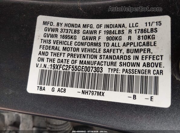 19XFC2F55GE007303 2016 HONDA CIVIC Серый Вид подкапотного пространства