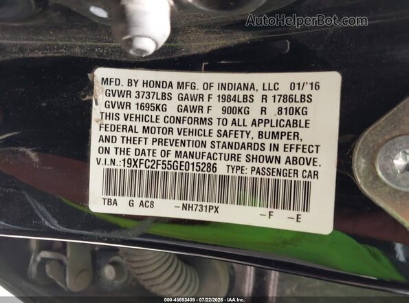 19XFC2F55GE015286 2016 HONDA CIVIC Black Engine compartment view