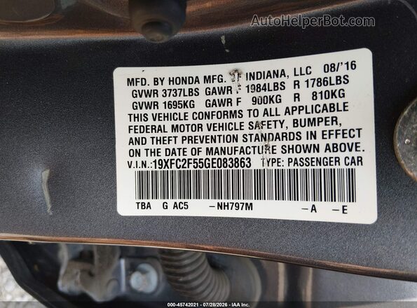 19XFC2F55GE083863 2016 HONDA CIVIC Gray Engine compartment view