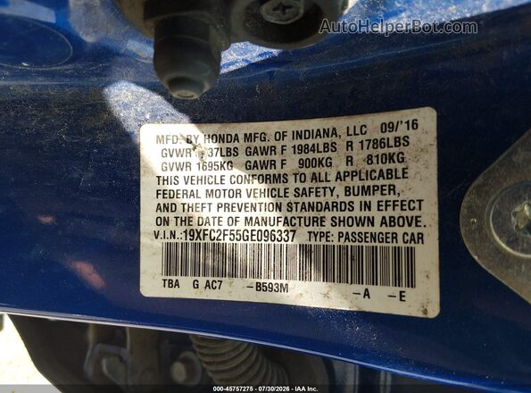 19XFC2F55GE096337 2016 HONDA CIVIC Blue Engine compartment view