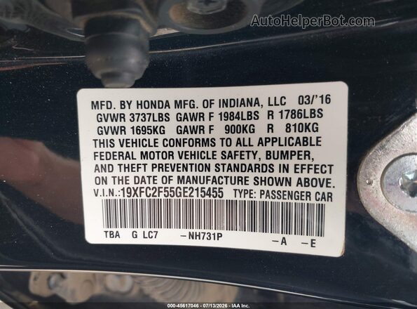 19XFC2F55GE215455 2016 HONDA CIVIC Black Vista del compartimento del motor