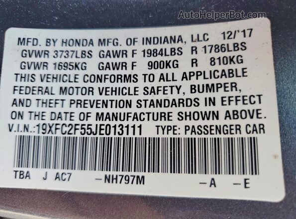 19XFC2F55JE013111 2018 HONDA CIVIC Gray Engine compartment view
