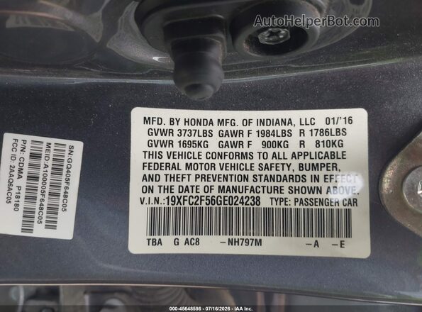19XFC2F56GE024238 2016 HONDA CIVIC Gray Вид підкапотного простору