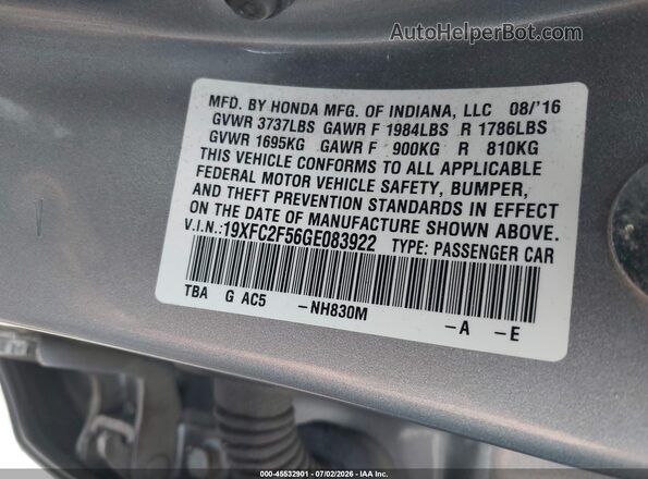 19XFC2F56GE083922 2016 HONDA CIVIC Silver Вид підкапотного простору