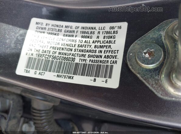 19XFC2F56GE086030 2016 HONDA CIVIC Серый Вид подкапотного пространства