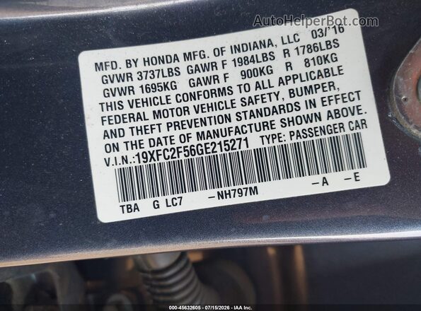 19XFC2F56GE215271 2016 HONDA CIVIC Gray Vista del compartimento del motor