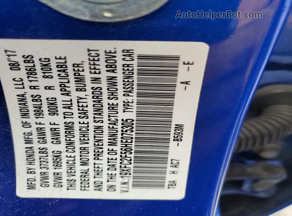 19XFC2F56HE075305 2017 HONDA CIVIC Blue Շարժիչի բաժամունքի տեսք