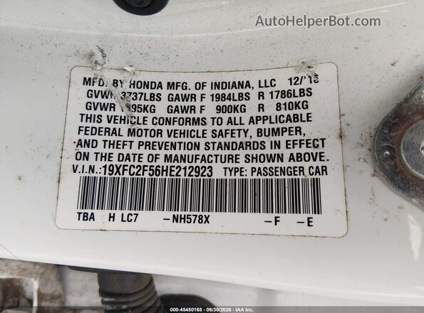 19XFC2F56HE212923 2017 HONDA CIVIC White Շարժիչի բաժամունքի տեսք