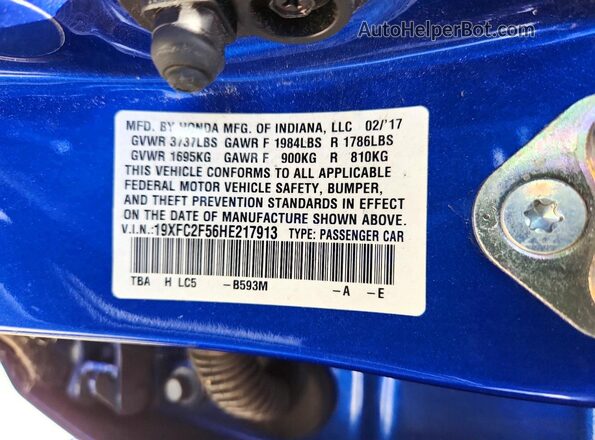 19XFC2F56HE217913 2017 HONDA CIVIC Blue Вид наклейки з VIN-кодом