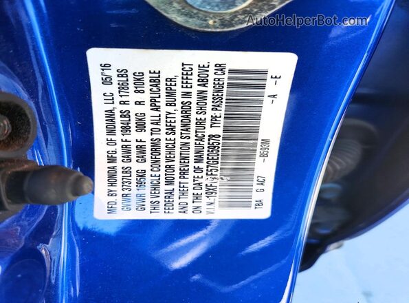 19XFC2F57GE059578 2016 HONDA CIVIC Blue Շարժիչի բաժամունքի տեսք