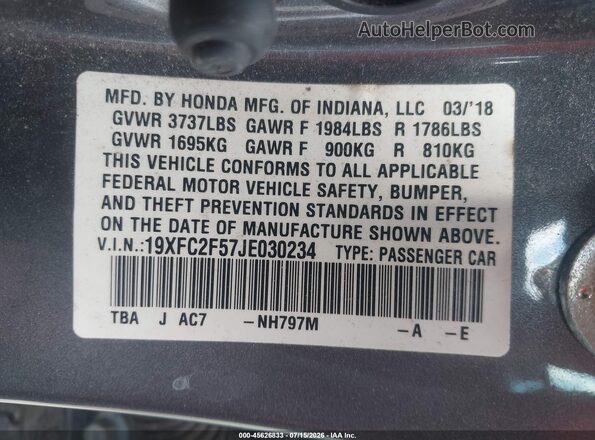 19XFC2F57JE030234 2018 HONDA CIVIC Серый Вид подкапотного пространства