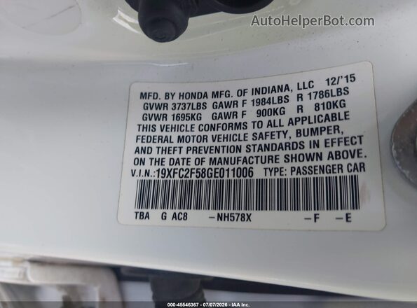 19XFC2F58GE011006 2016 HONDA CIVIC White Շարժիչի բաժամունքի տեսք