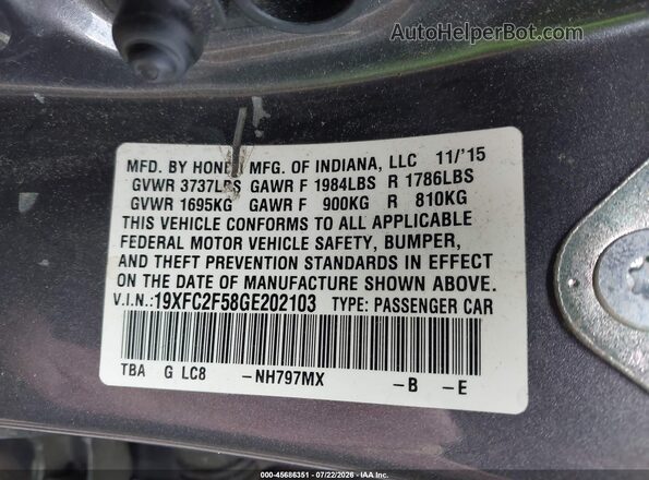19XFC2F58GE202103 2016 HONDA CIVIC Blue Widok tylnych siedzeń